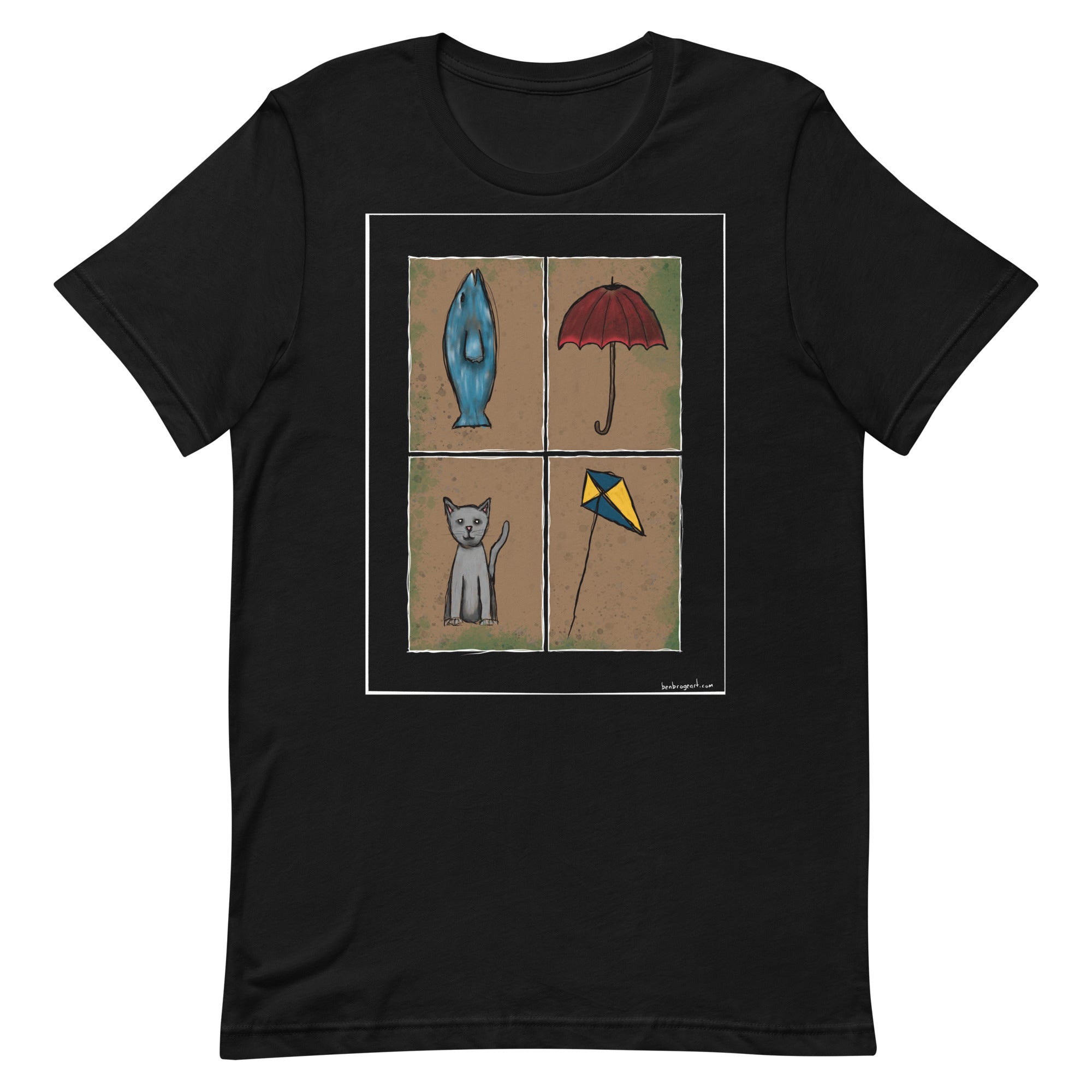 Fish, umbrella, cat, kite t-shirt